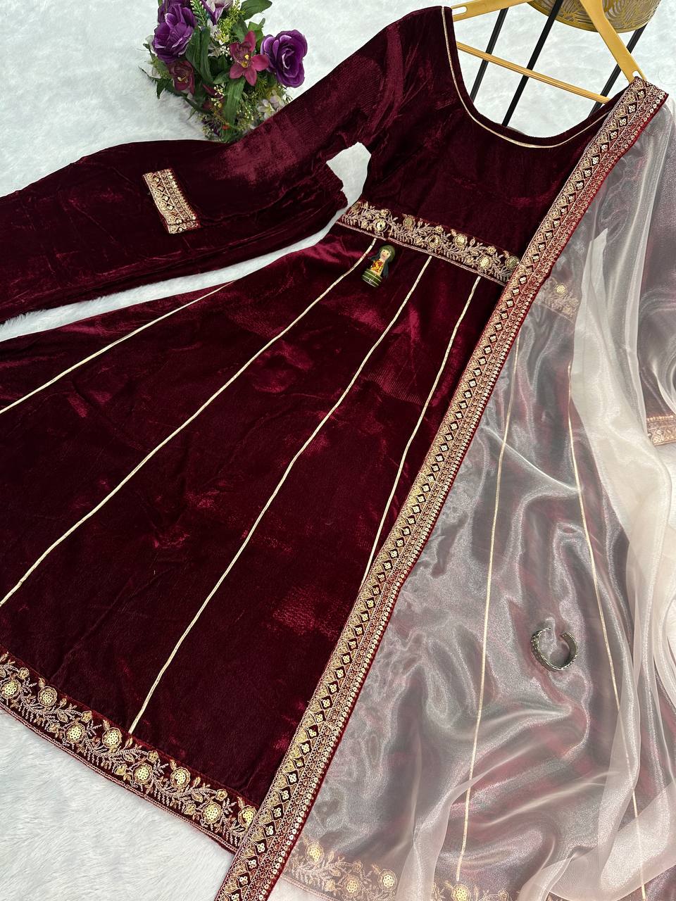 Heavy Velvet Gown with Embroidery Lace Border Work & Organza Silk Dupatta