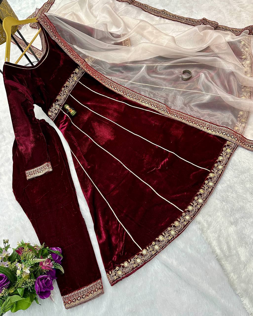 Heavy Velvet Gown with Embroidery Lace Border Work & Organza Silk Dupatta