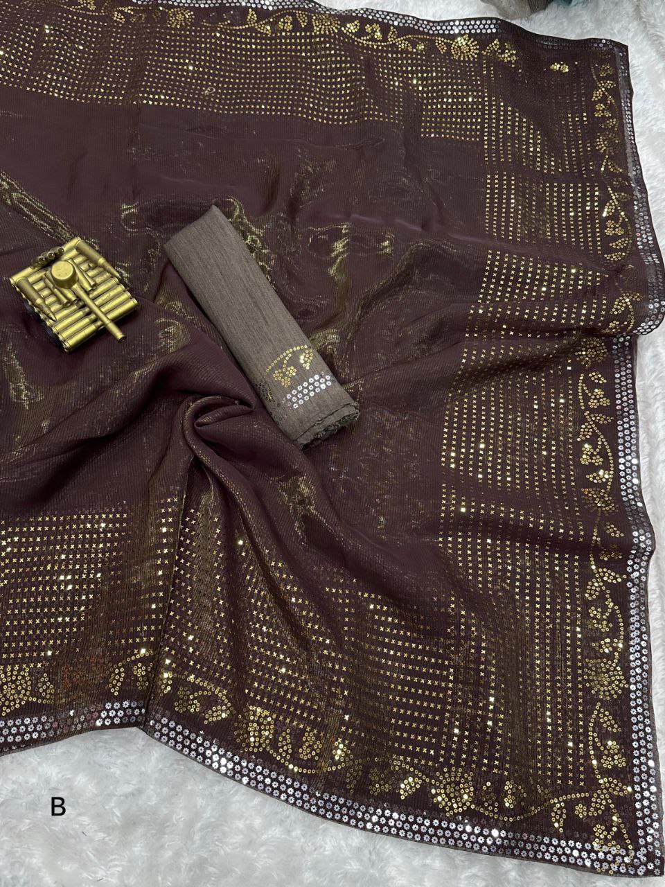 Two-Tone Matt Sequins Georgette Shimmer Saree with Zari Weaving & Mono Banglori Blouse