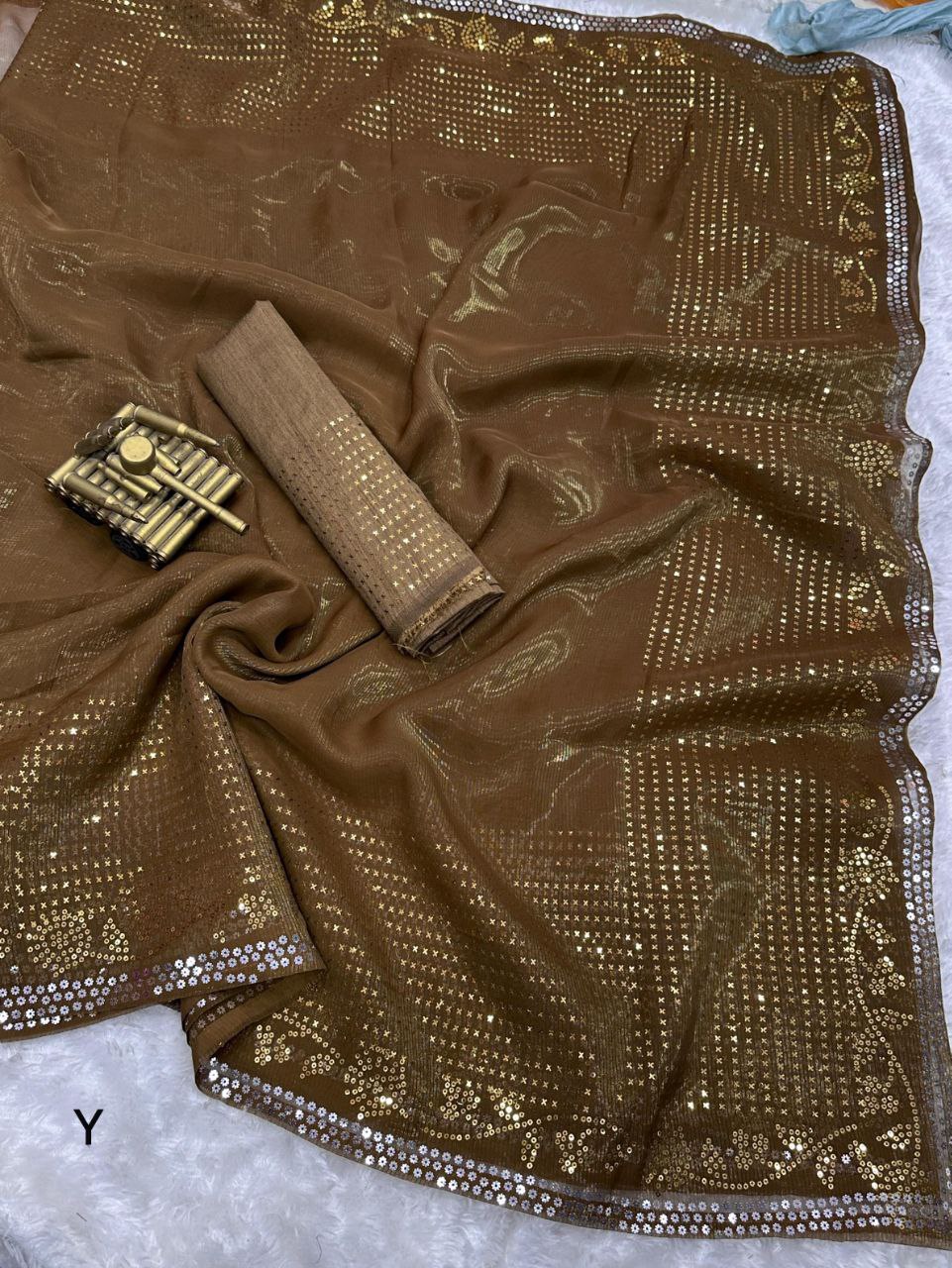 Two-Tone Matt Sequins Georgette Shimmer Saree with Zari Weaving & Mono Banglori Blouse