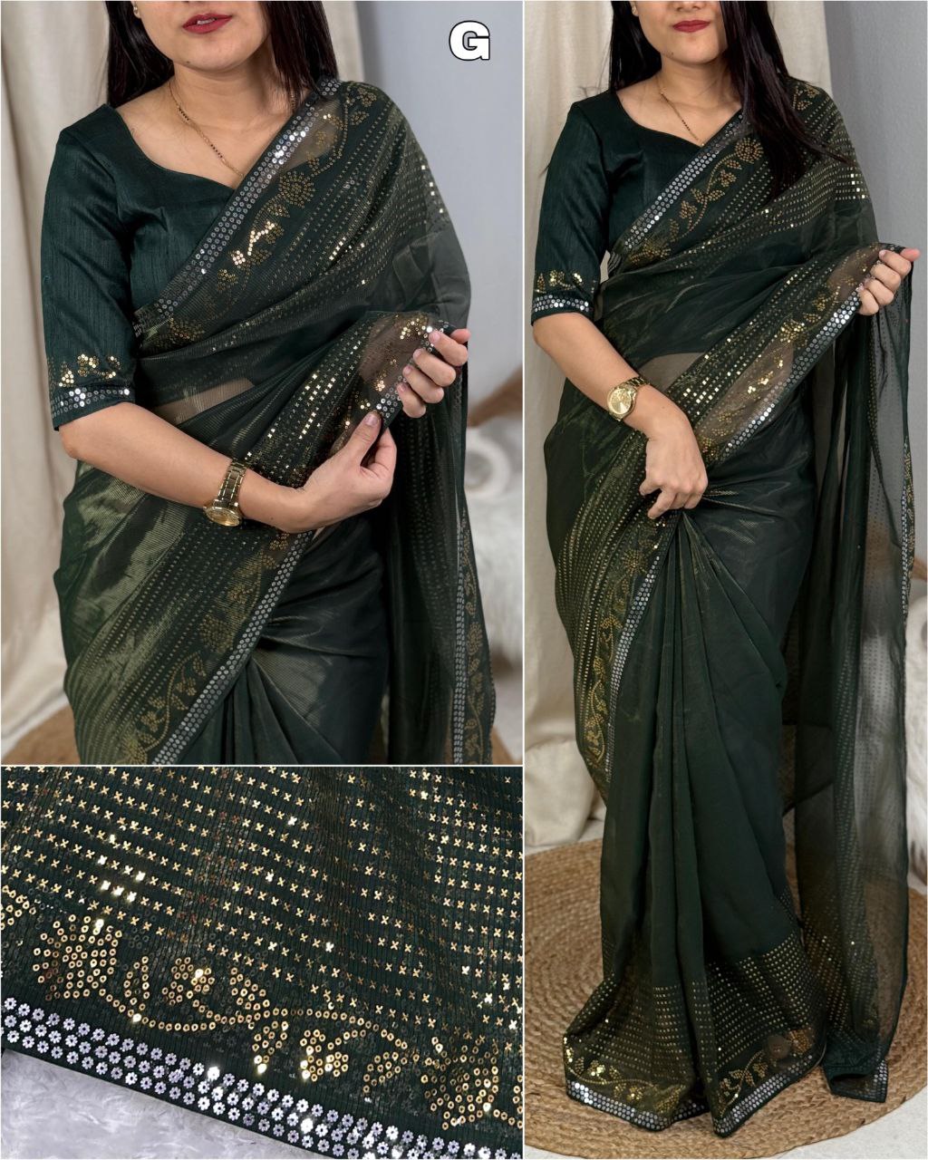 Two-Tone Matt Sequins Georgette Shimmer Saree with Zari Weaving & Mono Banglori Blouse