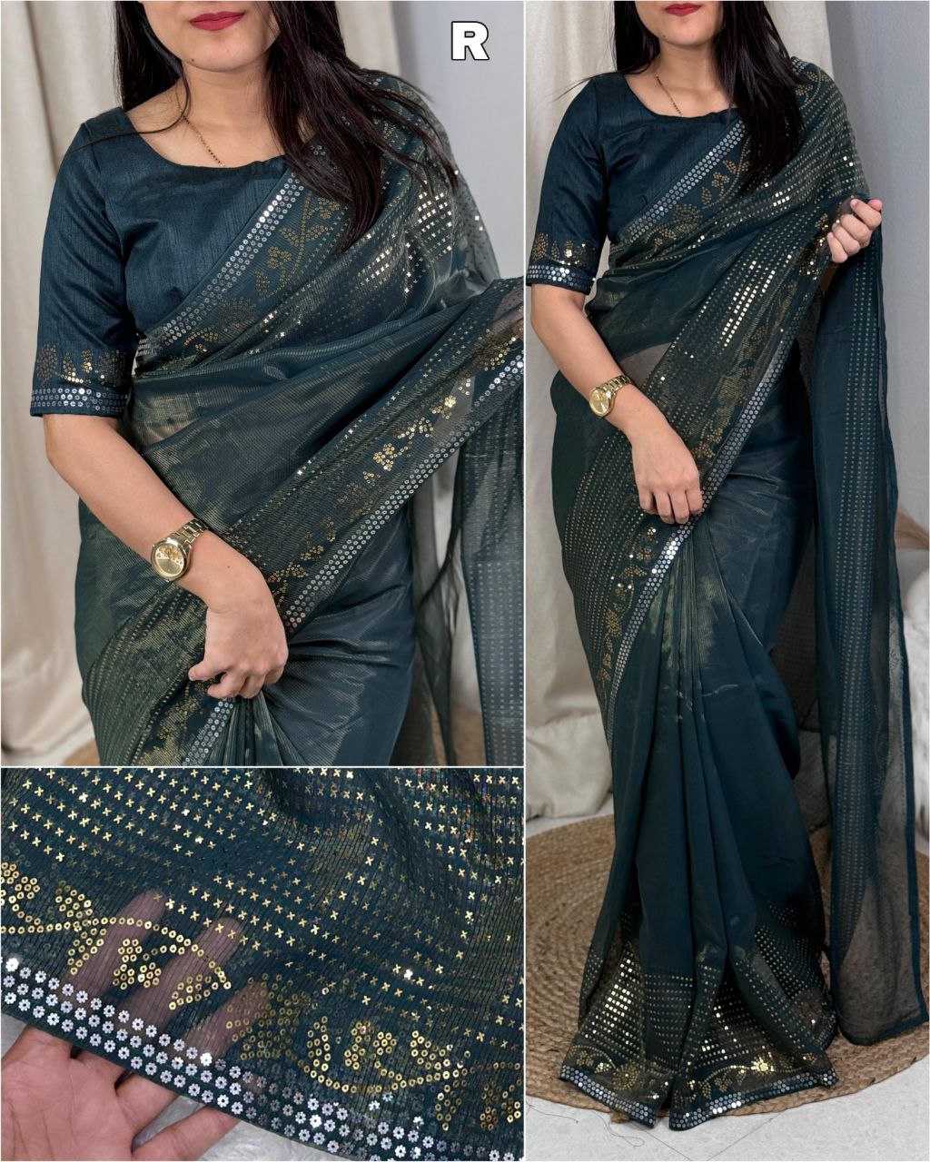 Two-Tone Matt Sequins Georgette Shimmer Saree with Zari Weaving & Mono Banglori Blouse