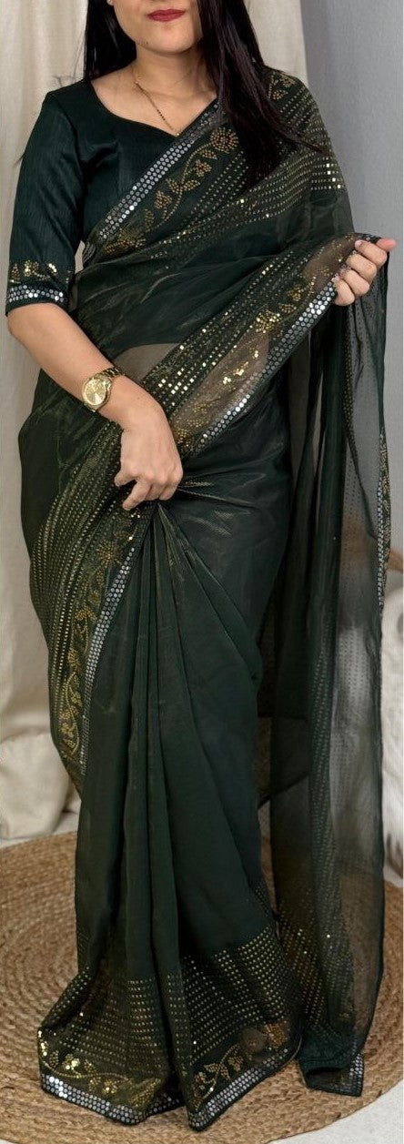 Two-Tone Matt Sequins Georgette Shimmer Saree with Zari Weaving & Mono Banglori Blouse