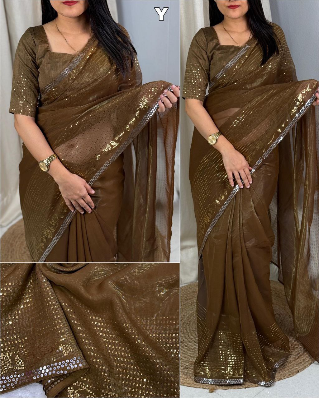 Two-Tone Matt Sequins Georgette Shimmer Saree with Zari Weaving & Mono Banglori Blouse