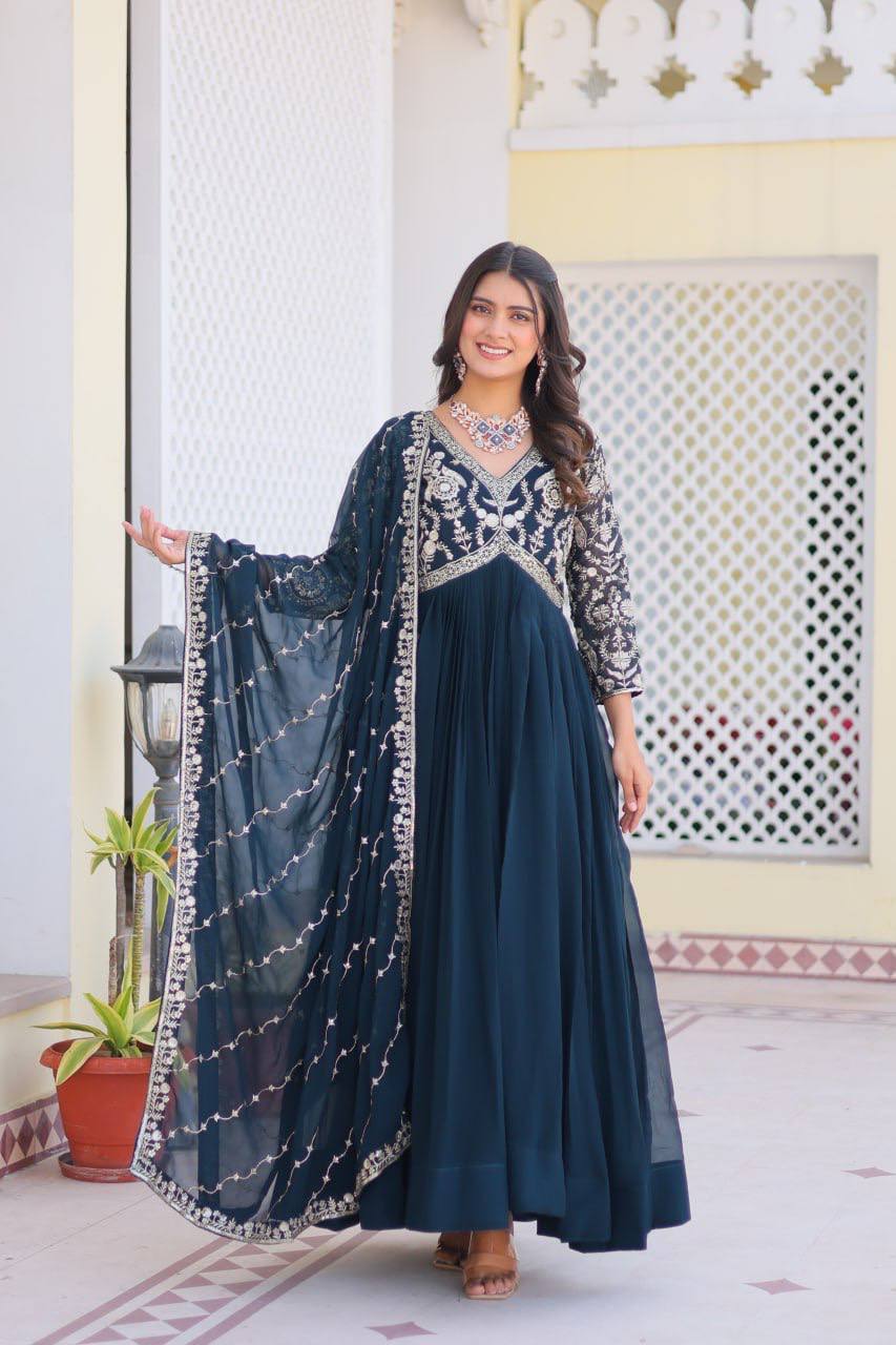 Designer Fox Georgette Long Gown & Dupatta Set with Heavy Sequence Embroidery Work