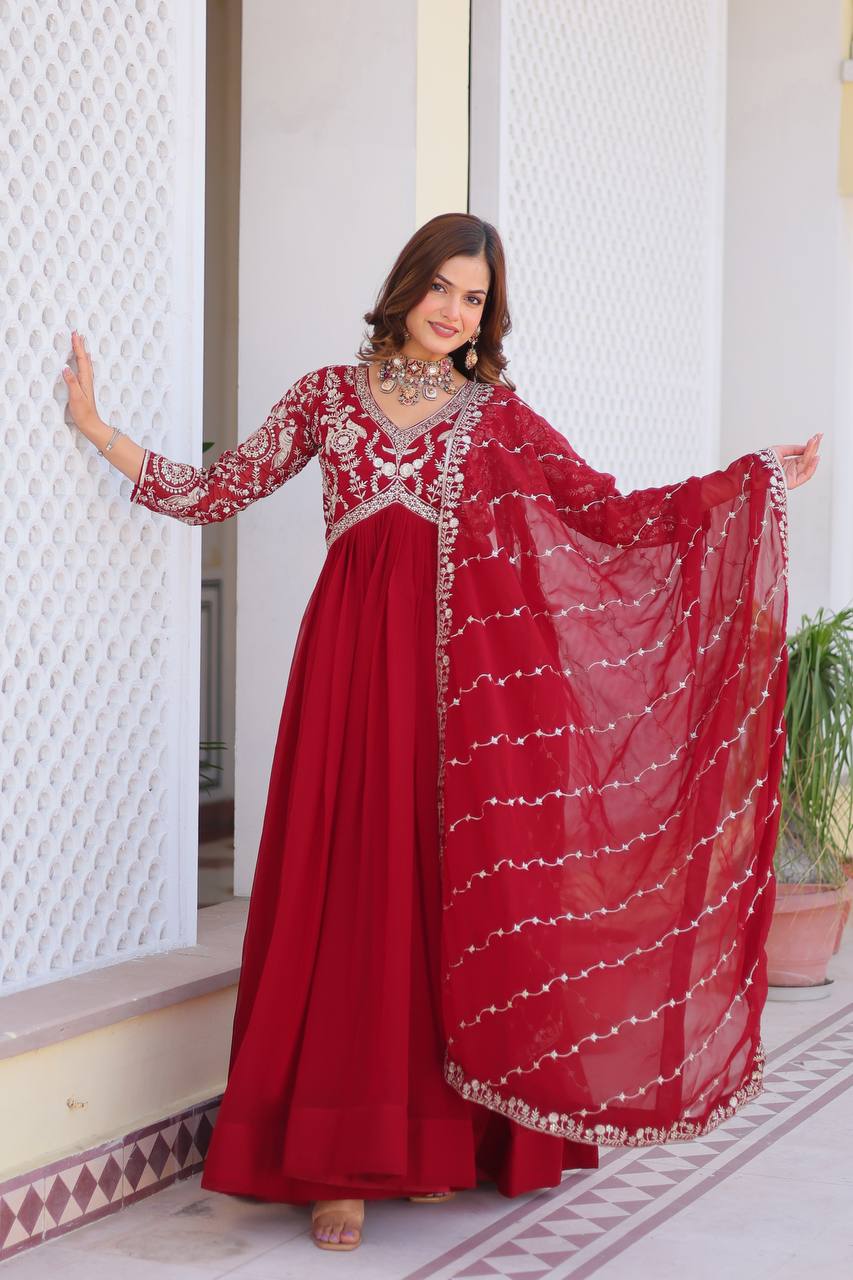 Designer Fox Georgette Long Gown & Dupatta Set with Heavy Sequence Embroidery Work