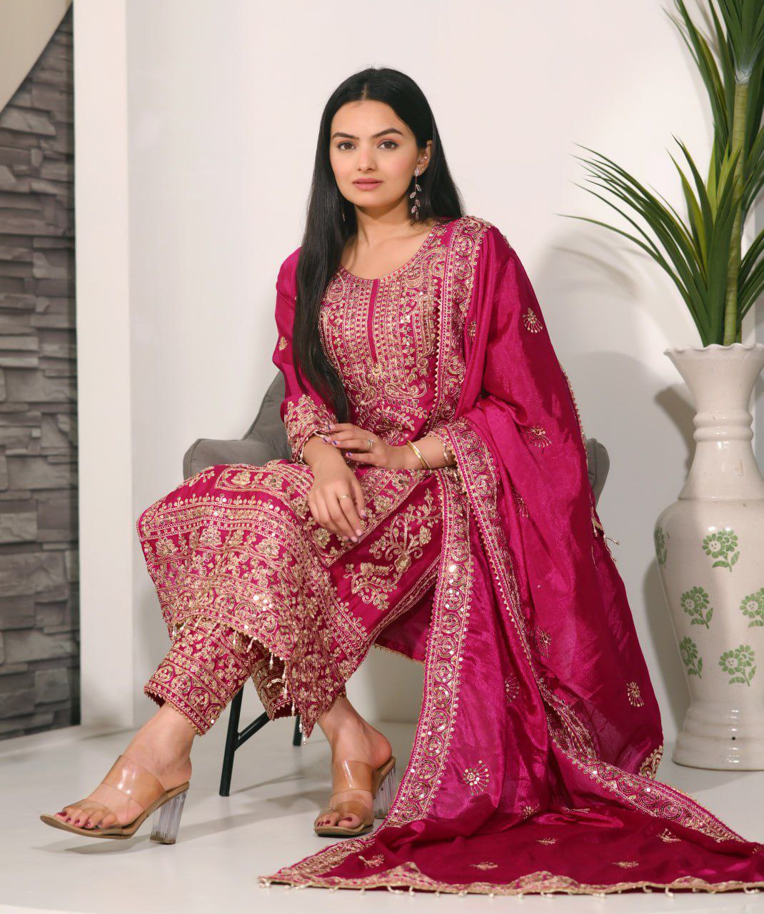 Designer Embroidered Chinon Kurta Suit with Cording Sequence Embroidery Work