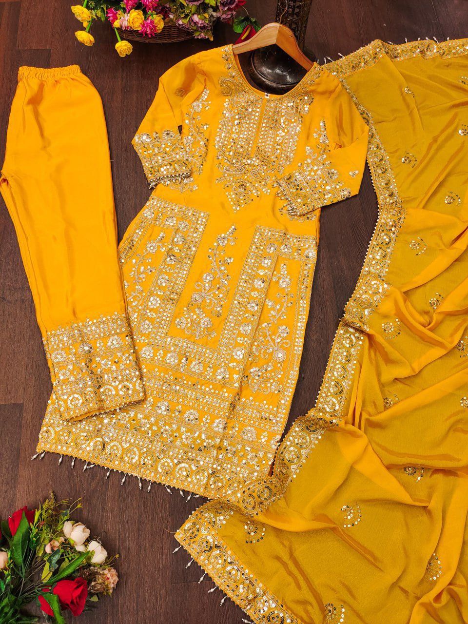 Designer Embroidered Chinon Kurta Suit with Cording Sequence Embroidery Work