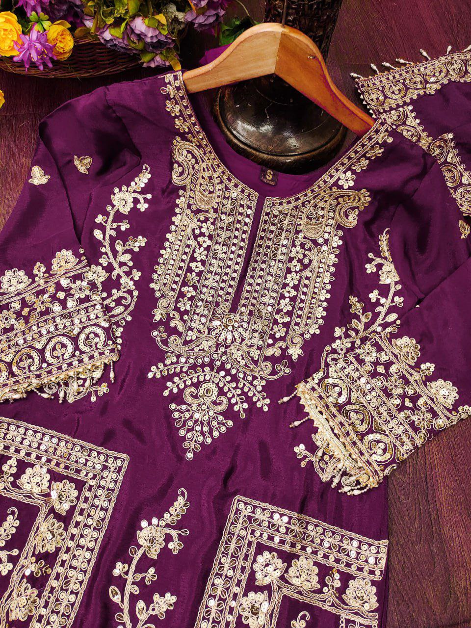 Designer Embroidered Chinon Kurta Suit with Cording Sequence Embroidery Work