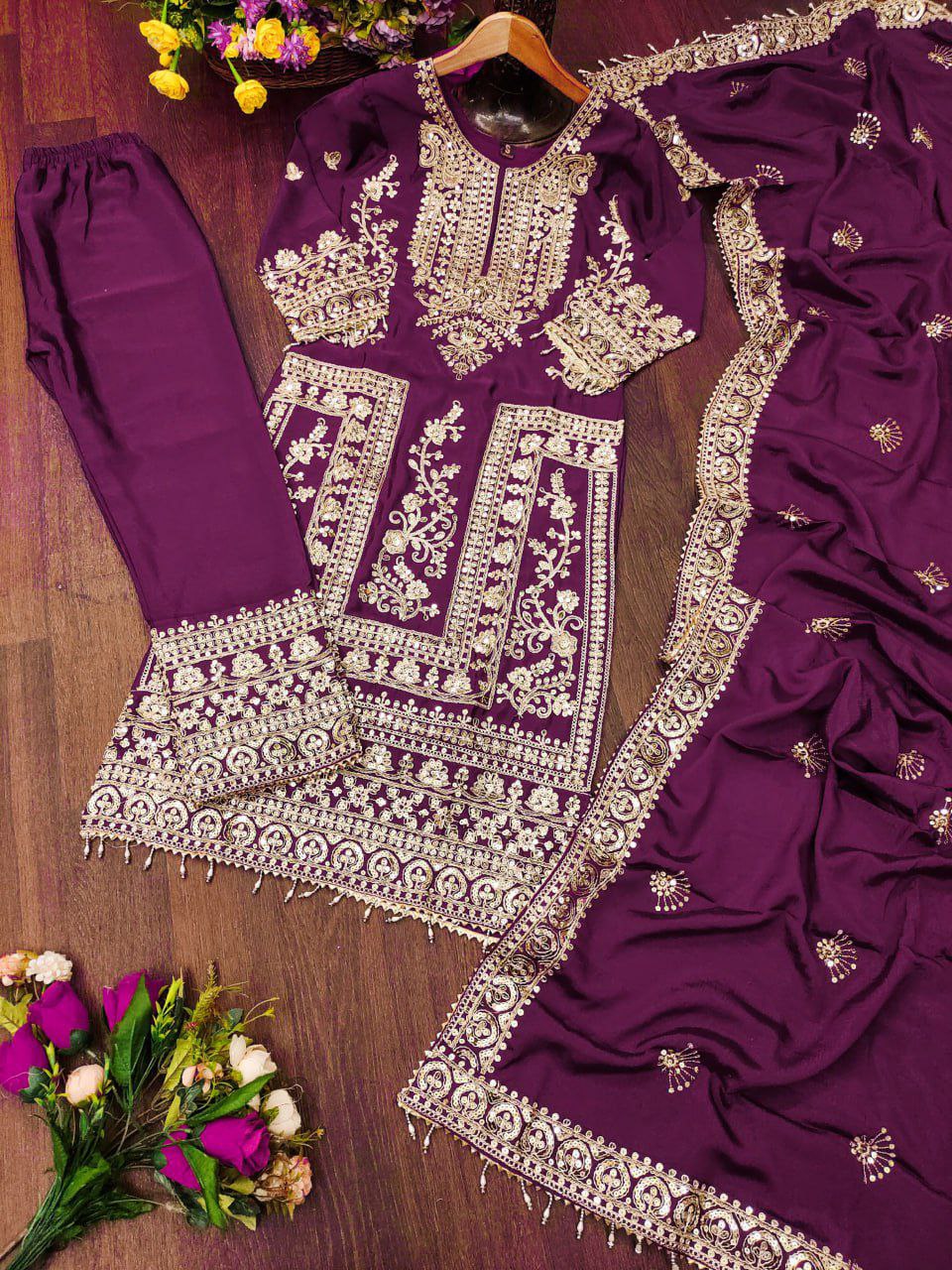 Designer Embroidered Chinon Kurta Suit with Cording Sequence Embroidery Work