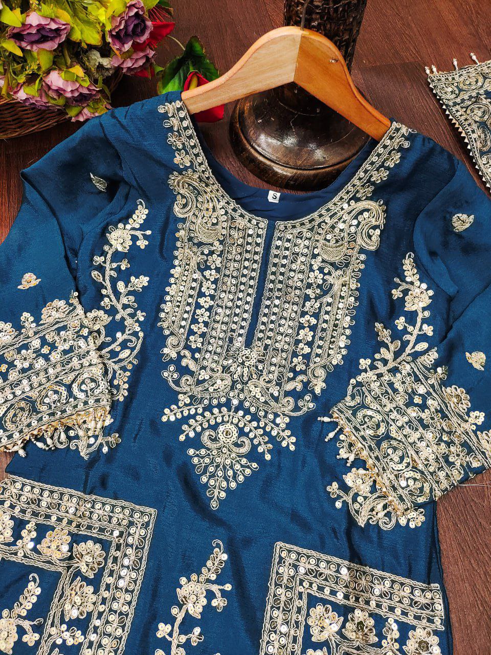 Designer Embroidered Chinon Kurta Suit with Cording Sequence Embroidery Work