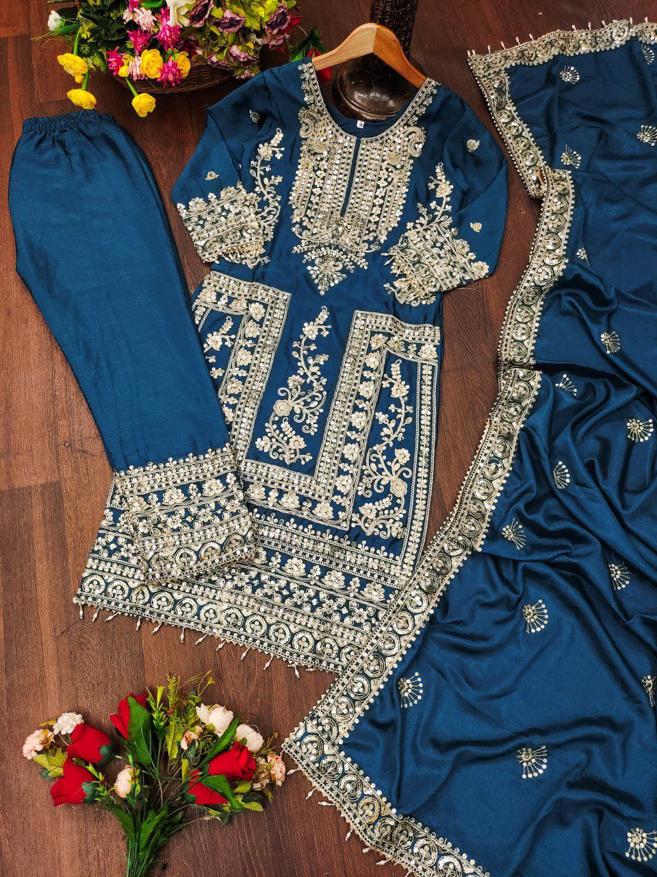 Designer Embroidered Chinon Kurta Suit with Cording Sequence Embroidery Work