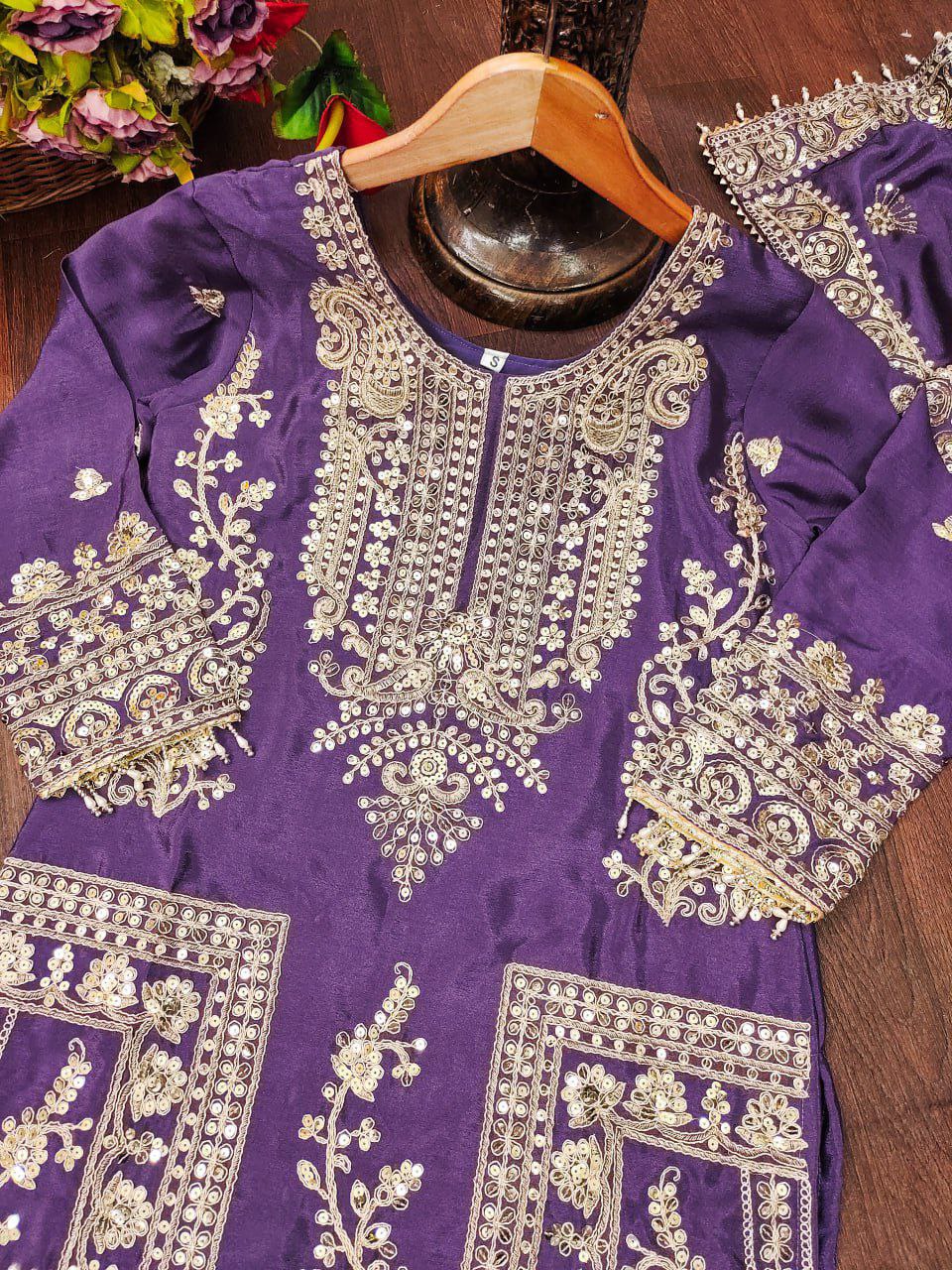 Designer Embroidered Chinon Kurta Suit with Cording Sequence Embroidery Work