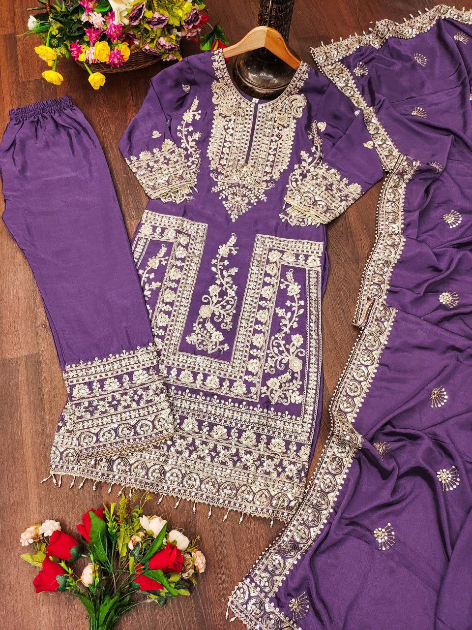 Designer Embroidered Chinon Kurta Suit with Cording Sequence Embroidery Work