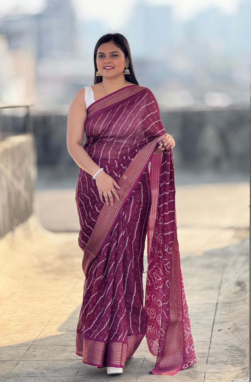 Heavy Gold Super Border & Bandhani Laheriya Print Pure Viscose Saree with Running Blouse