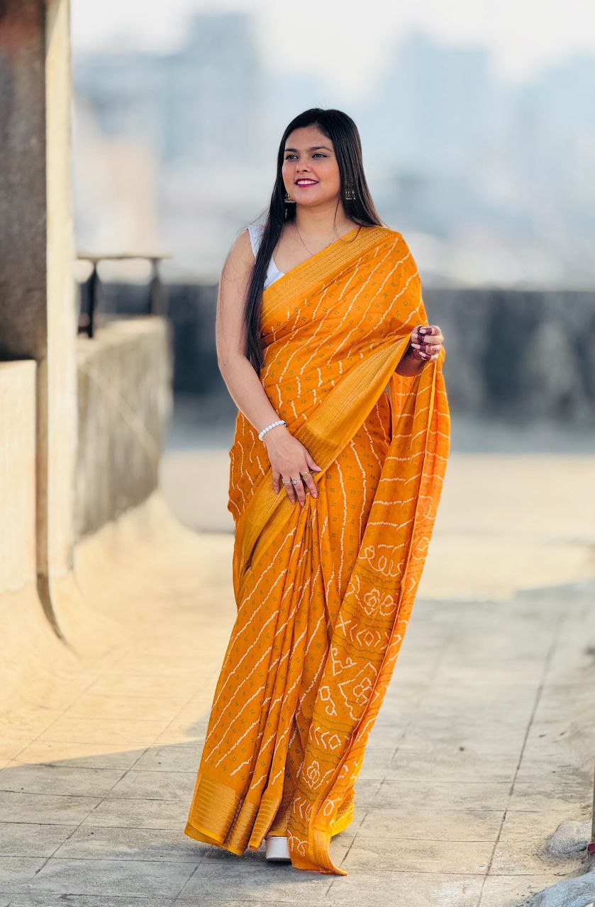 Heavy Gold Super Border & Bandhani Laheriya Print Pure Viscose Saree with Running Blouse