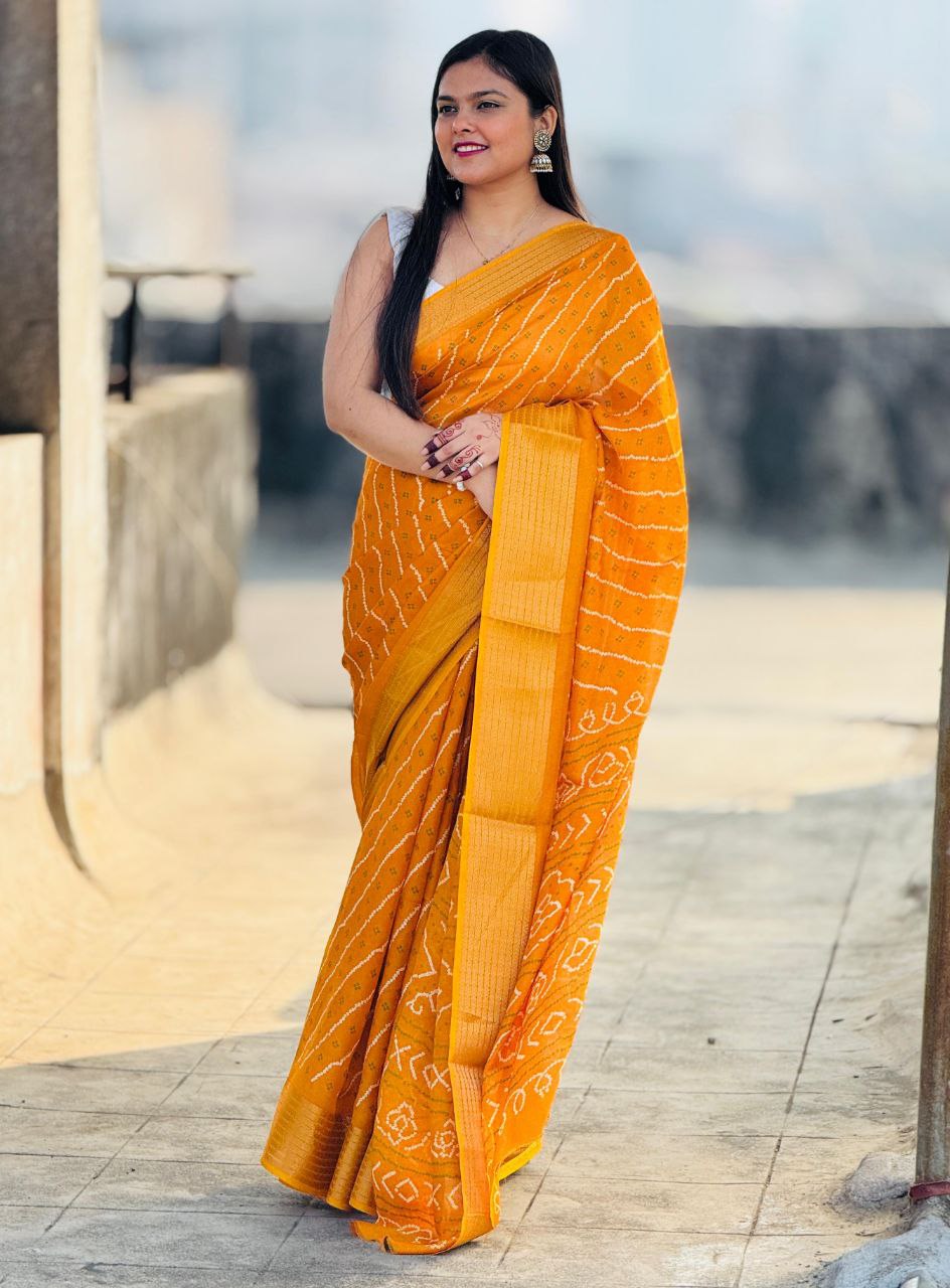 Heavy Gold Super Border & Bandhani Laheriya Print Pure Viscose Saree with Running Blouse