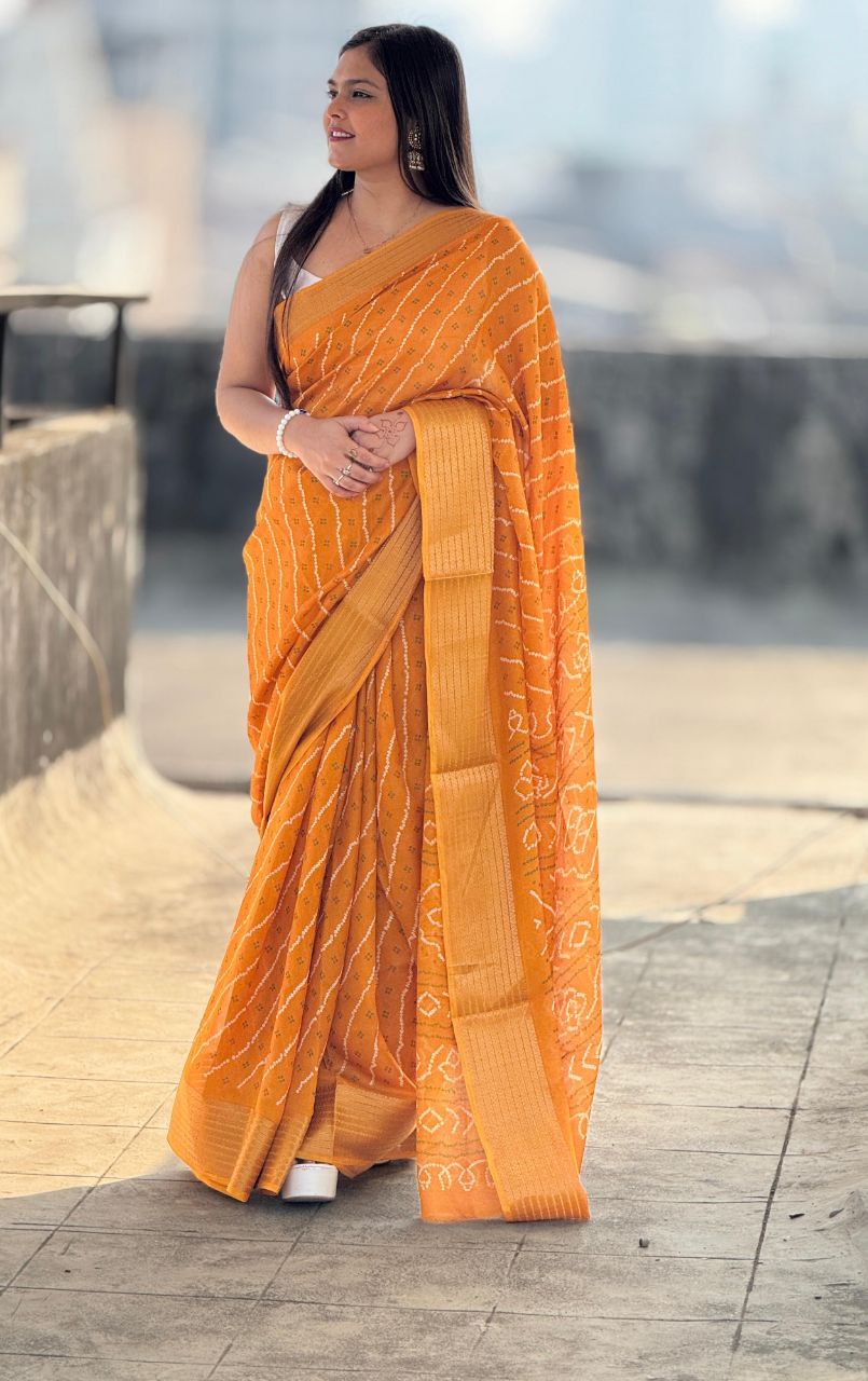 Heavy Gold Super Border & Bandhani Laheriya Print Pure Viscose Saree with Running Blouse