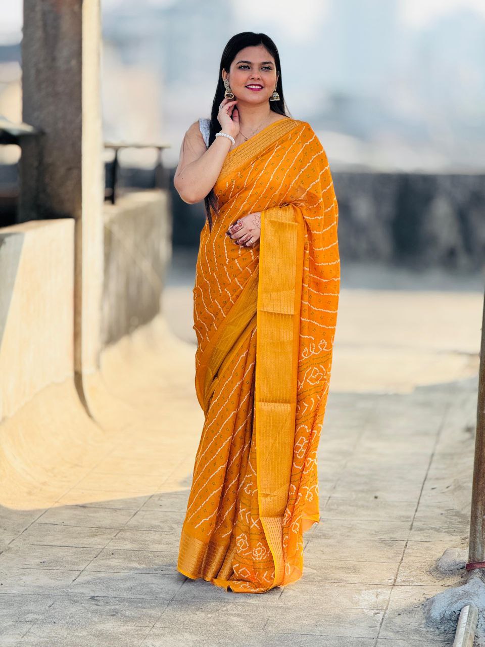 Heavy Gold Super Border & Bandhani Laheriya Print Pure Viscose Saree with Running Blouse