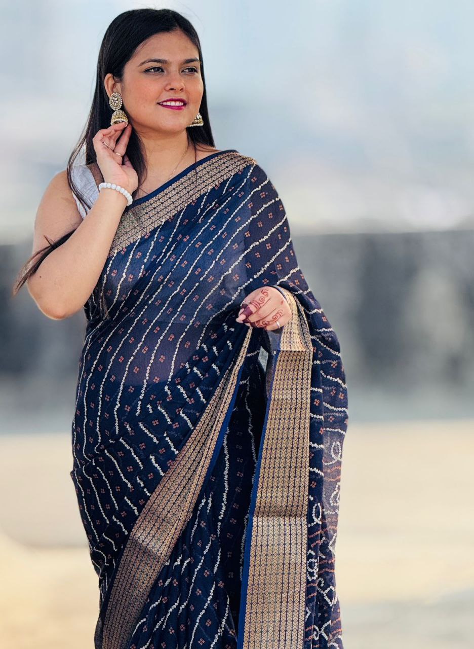 Heavy Gold Super Border & Bandhani Laheriya Print Pure Viscose Saree with Running Blouse