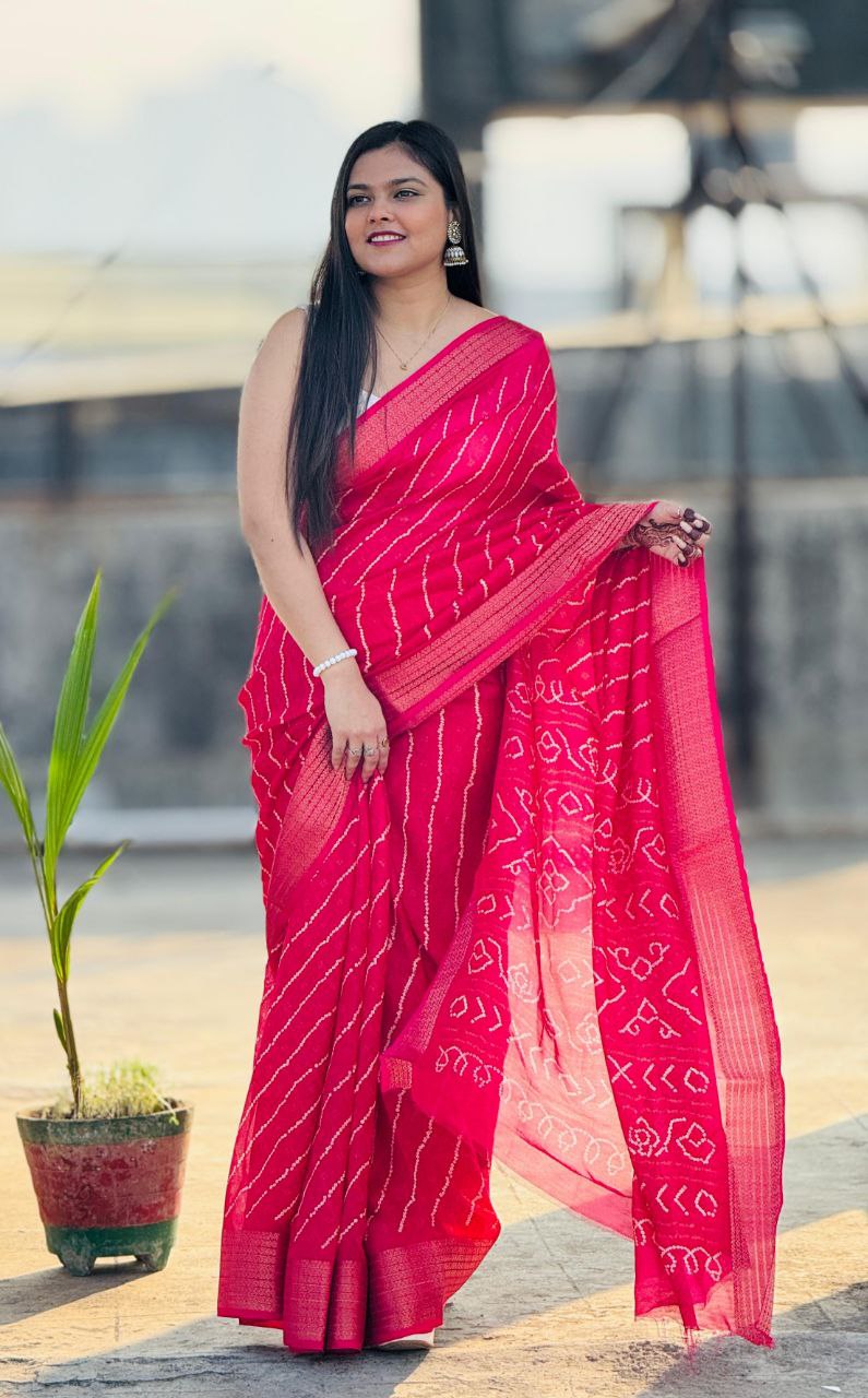 Heavy Gold Super Border & Bandhani Laheriya Print Pure Viscose Saree with Running Blouse