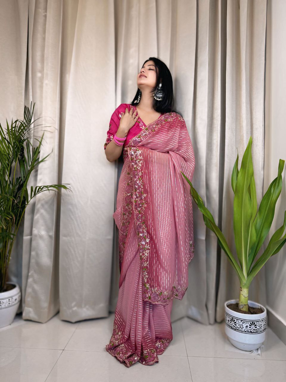 Pure Soft Georgette Sarees with Silver Weaving and Heavy Embroidery Stitched Blouse