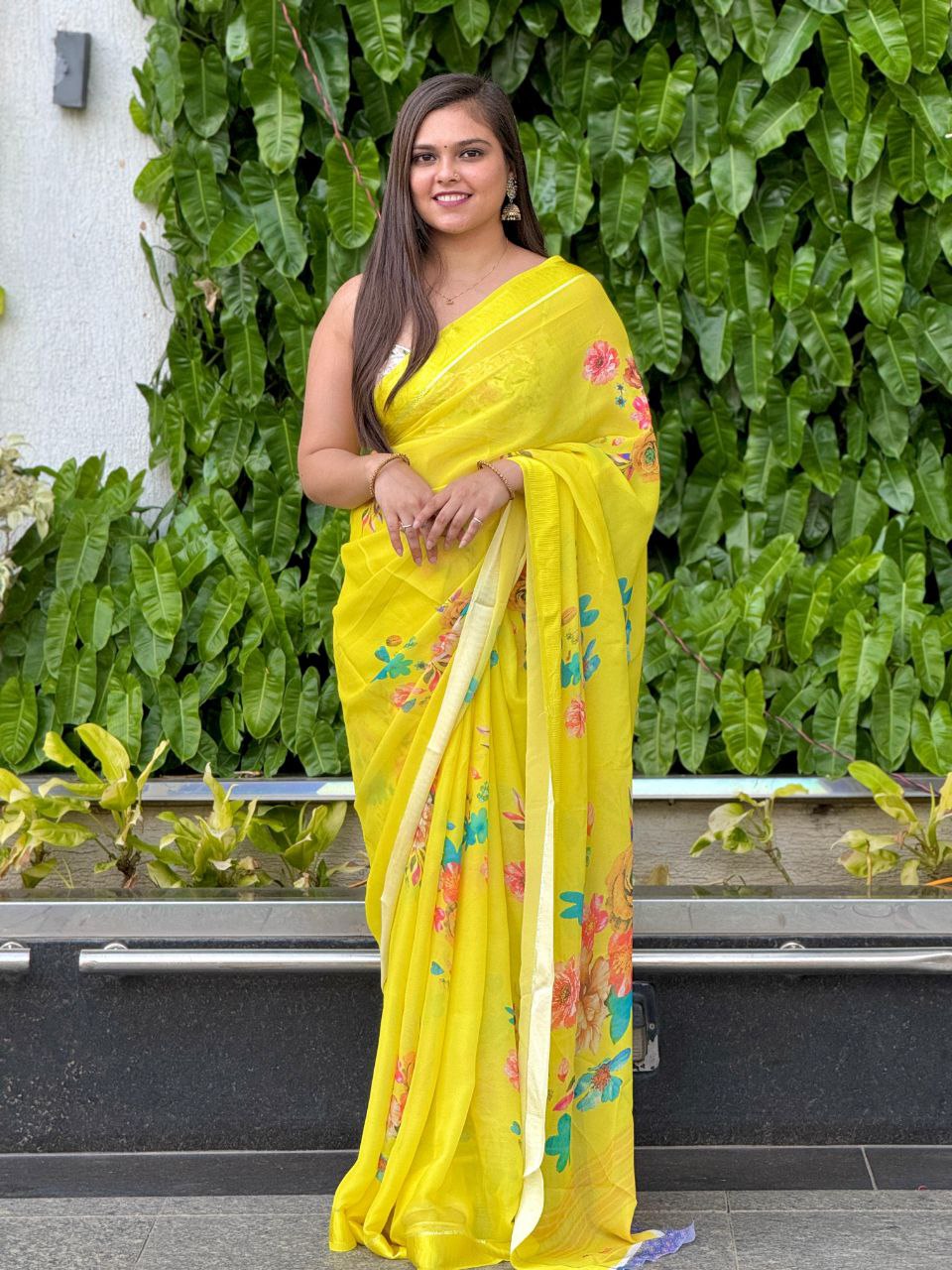 Beautiful Yellow Satin Patta Border  Digital Silk Saree with Blouse