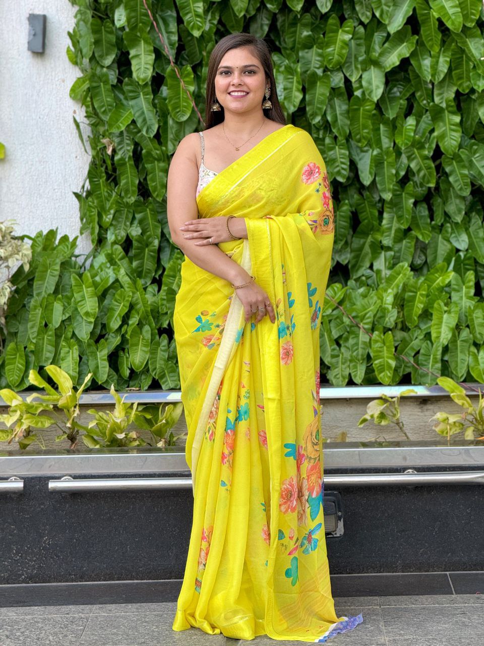 Beautiful Yellow Satin Patta Border  Digital Silk Saree with Blouse