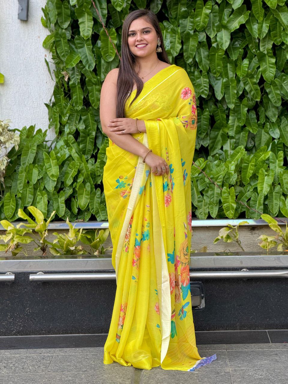 Beautiful Yellow Satin Patta Border  Digital Silk Saree with Blouse