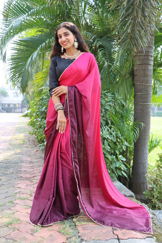 Chinon Ready-to-Wear Saree with Pearl Lace Border - Premium Two-Tone Design