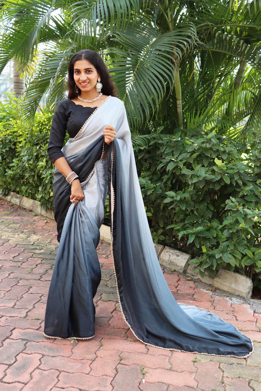 Chinon Ready-to-Wear Saree with Pearl Lace Border - Premium Two-Tone Design