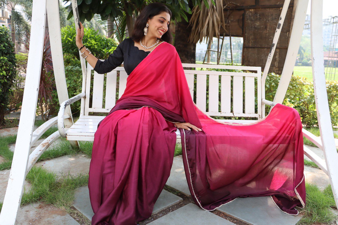 Chinon Ready-to-Wear Saree with Pearl Lace Border - Premium Two-Tone Design