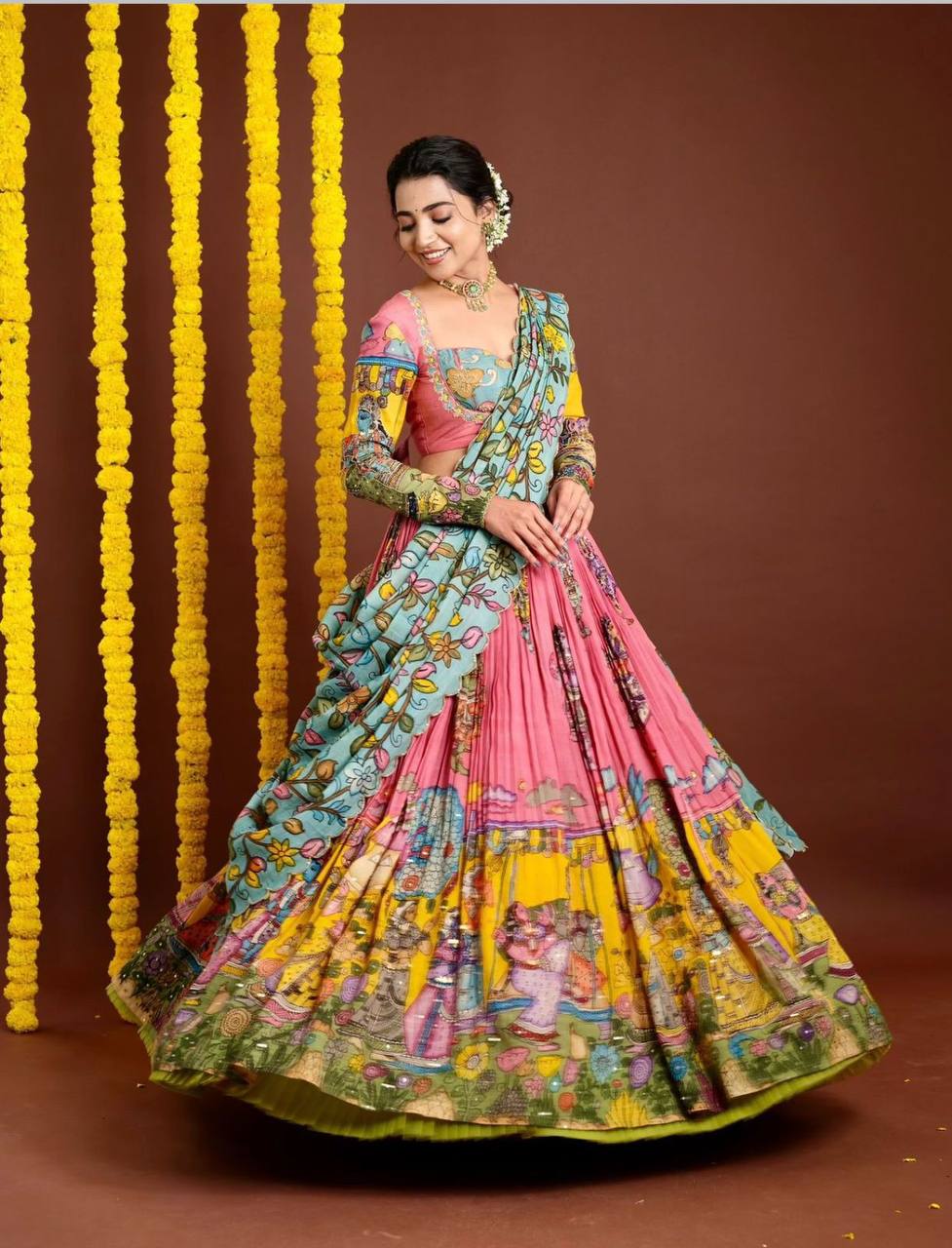 Kalamkari Print Chent Crepe Lehenga Choli Set with Dupatta