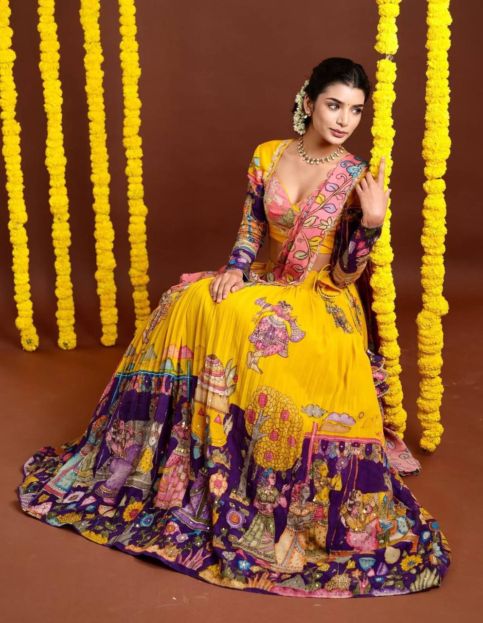 Kalamkari Print Chent Crepe Lehenga Choli Set with Dupatta