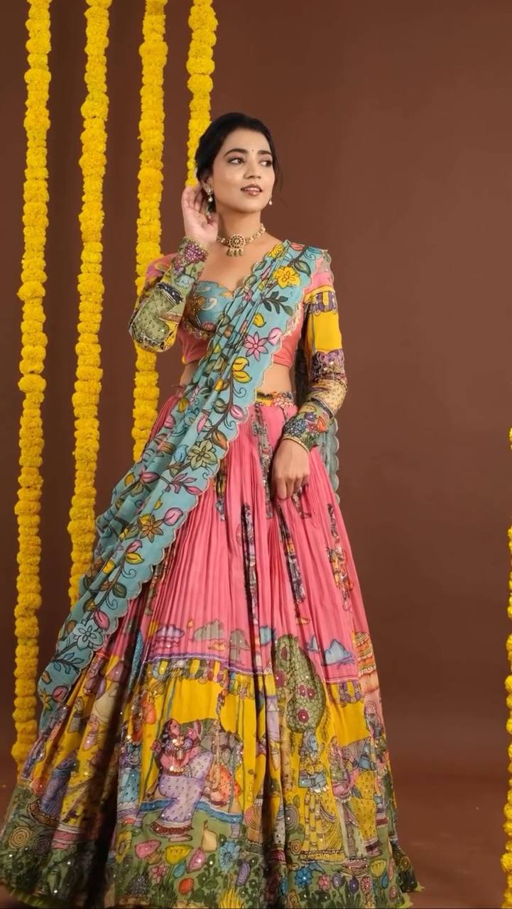 Kalamkari Print Chent Crepe Lehenga Choli Set with Dupatta