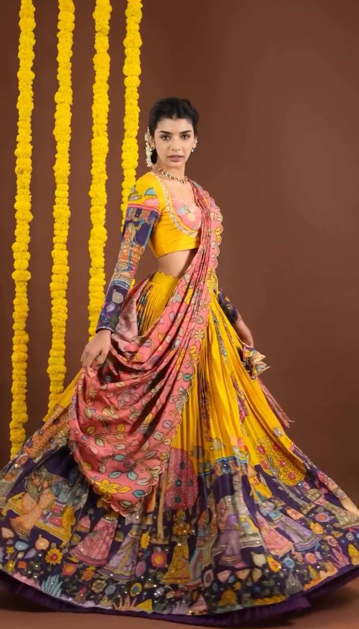 Kalamkari Print Chent Crepe Lehenga Choli Set with Dupatta