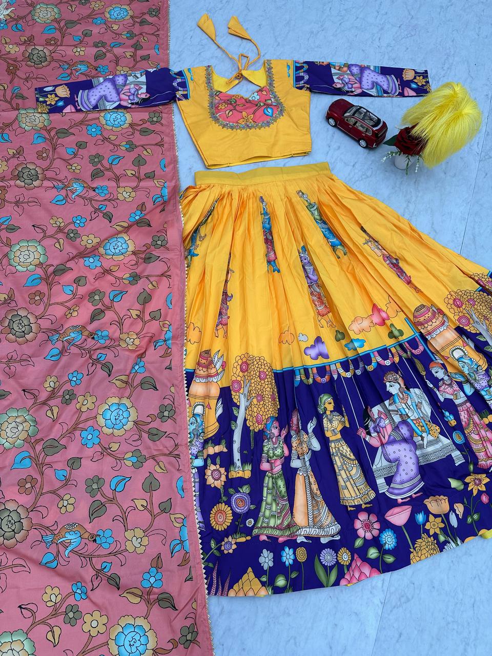 Kalamkari Print Chent Crepe Lehenga Choli Set with Dupatta