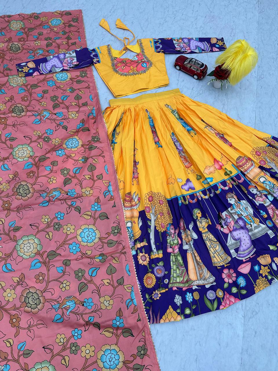 Kalamkari Print Chent Crepe Lehenga Choli Set with Dupatta