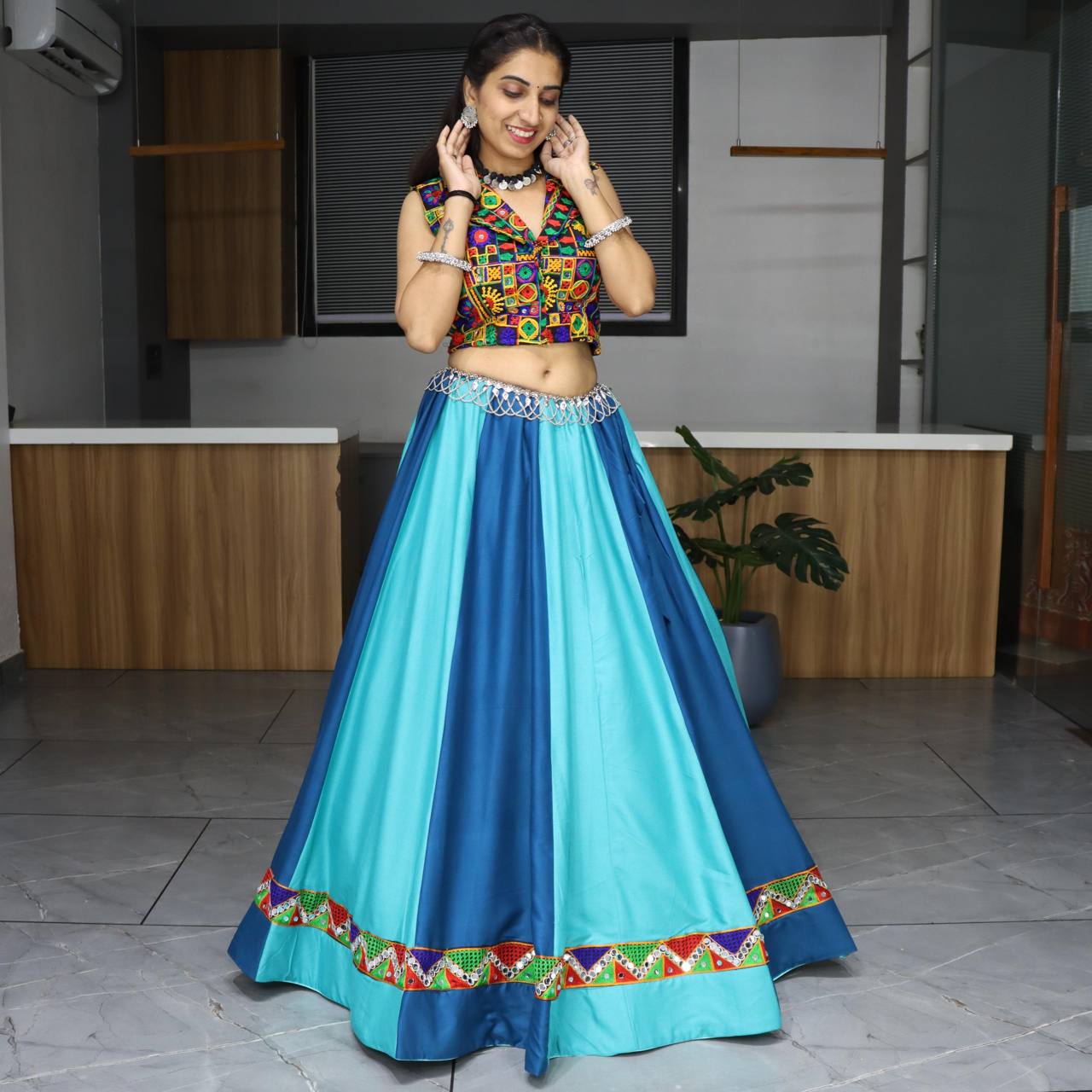 Ethnic Women Real Mirror Work and Gamthi Design Rayon Cotton Lehenga Co-Ord Set