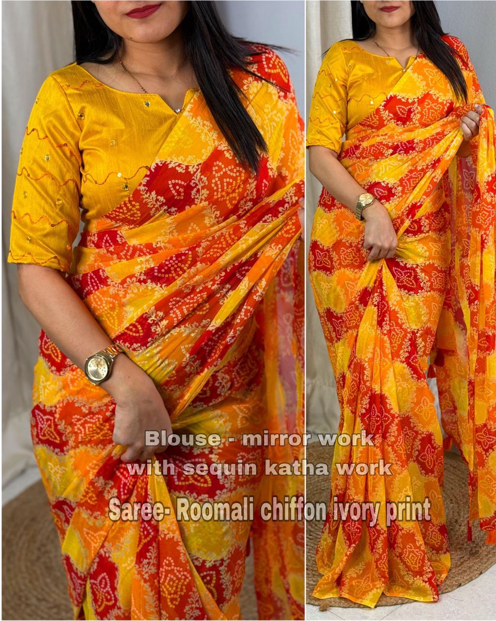 Elegant Roomali Chiffon Bandhani Saree with Sequins and Mirror Work Blouse