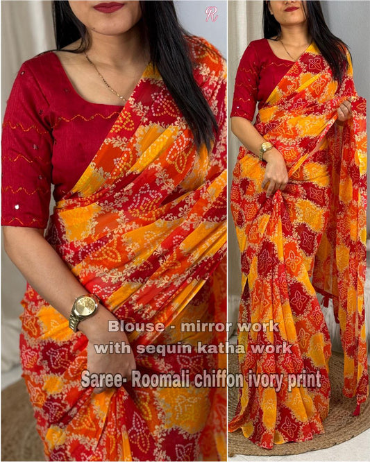 Elegant Roomali Chiffon Bandhani Saree with Sequins and Mirror Work Blouse