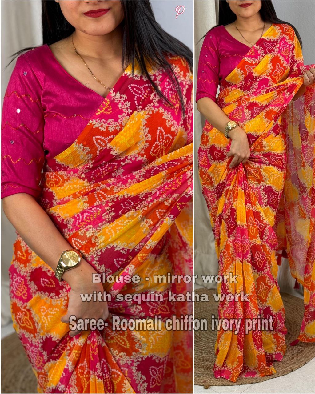 Elegant Roomali Chiffon Bandhani Saree with Sequins and Mirror Work Blouse