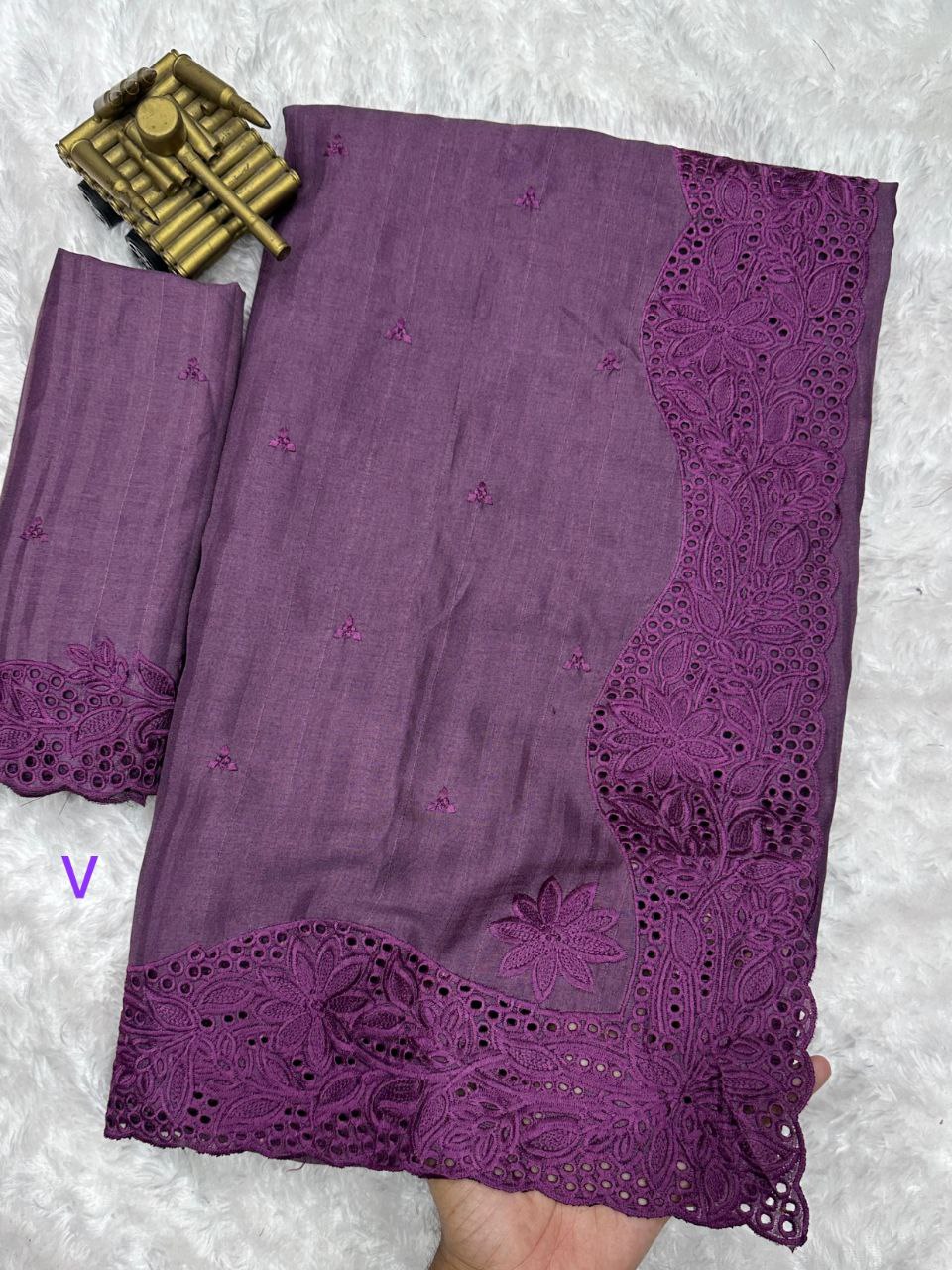 Visca Slub Silk Saree with Thread Embroidery & Cut Work – Elegant Ethnic Wear for Weddings & Festivals