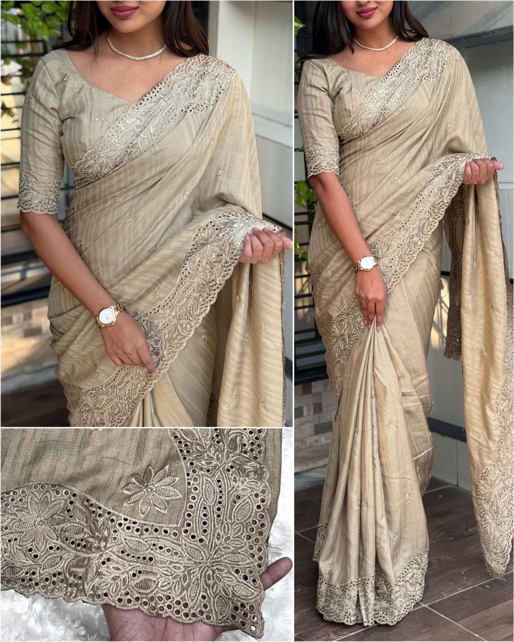 Visca Slub Silk Saree with Thread Embroidery & Cut Work – Elegant Ethnic Wear for Weddings & Festivals