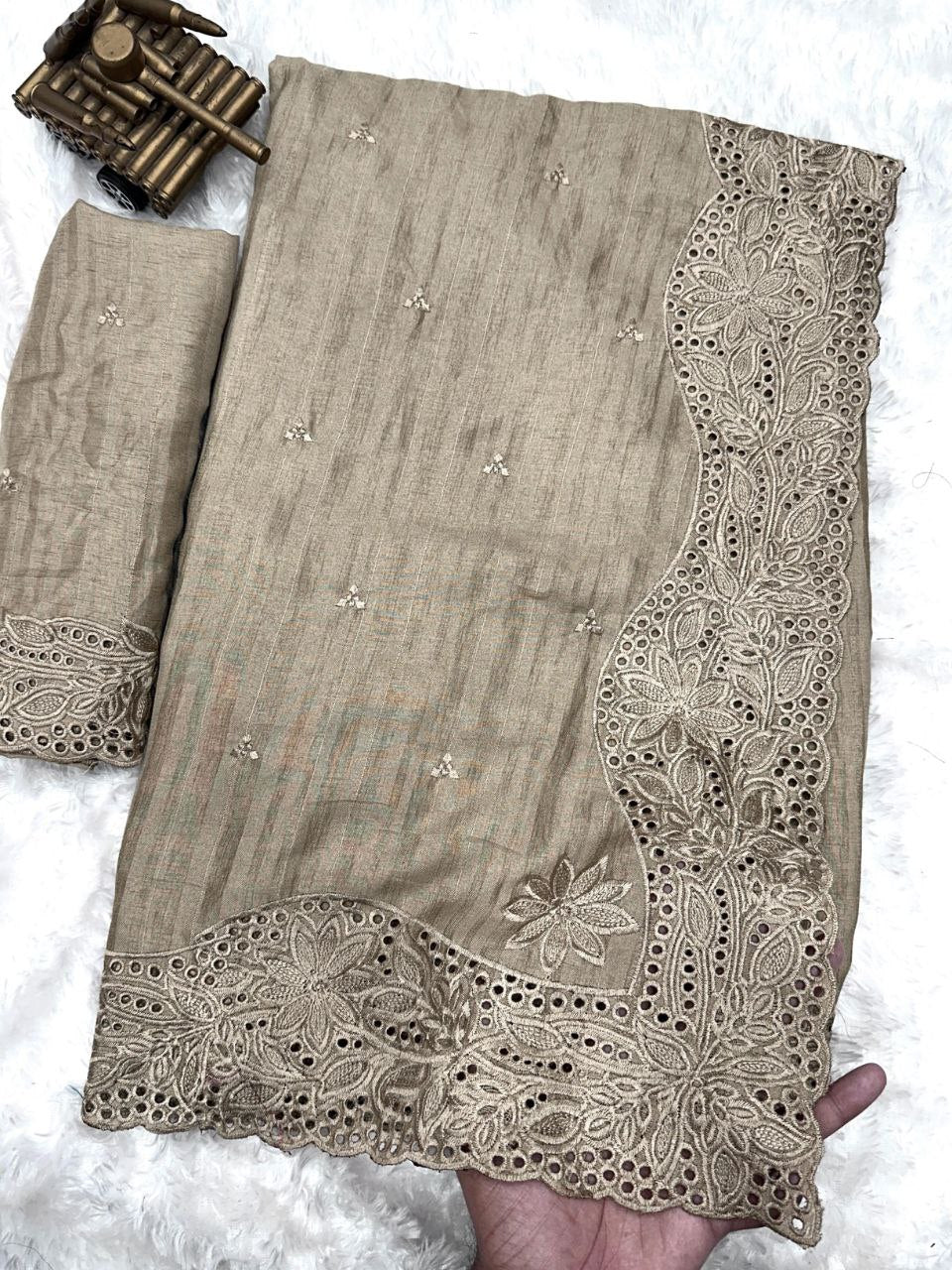 Visca Slub Silk Saree with Thread Embroidery & Cut Work – Elegant Ethnic Wear for Weddings & Festivals