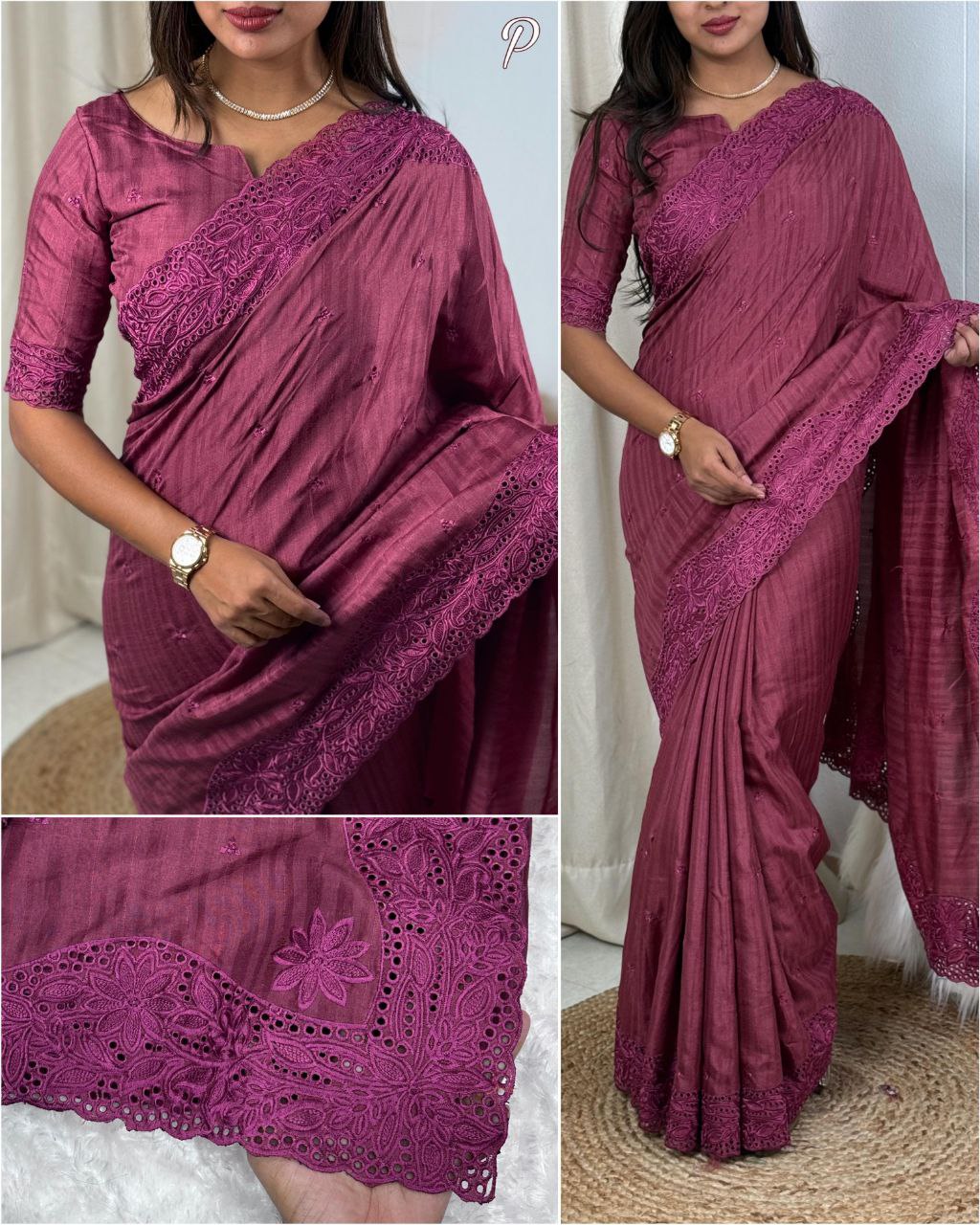 Visca Slub Silk Saree with Thread Embroidery & Cut Work – Elegant Ethnic Wear for Weddings & Festivals