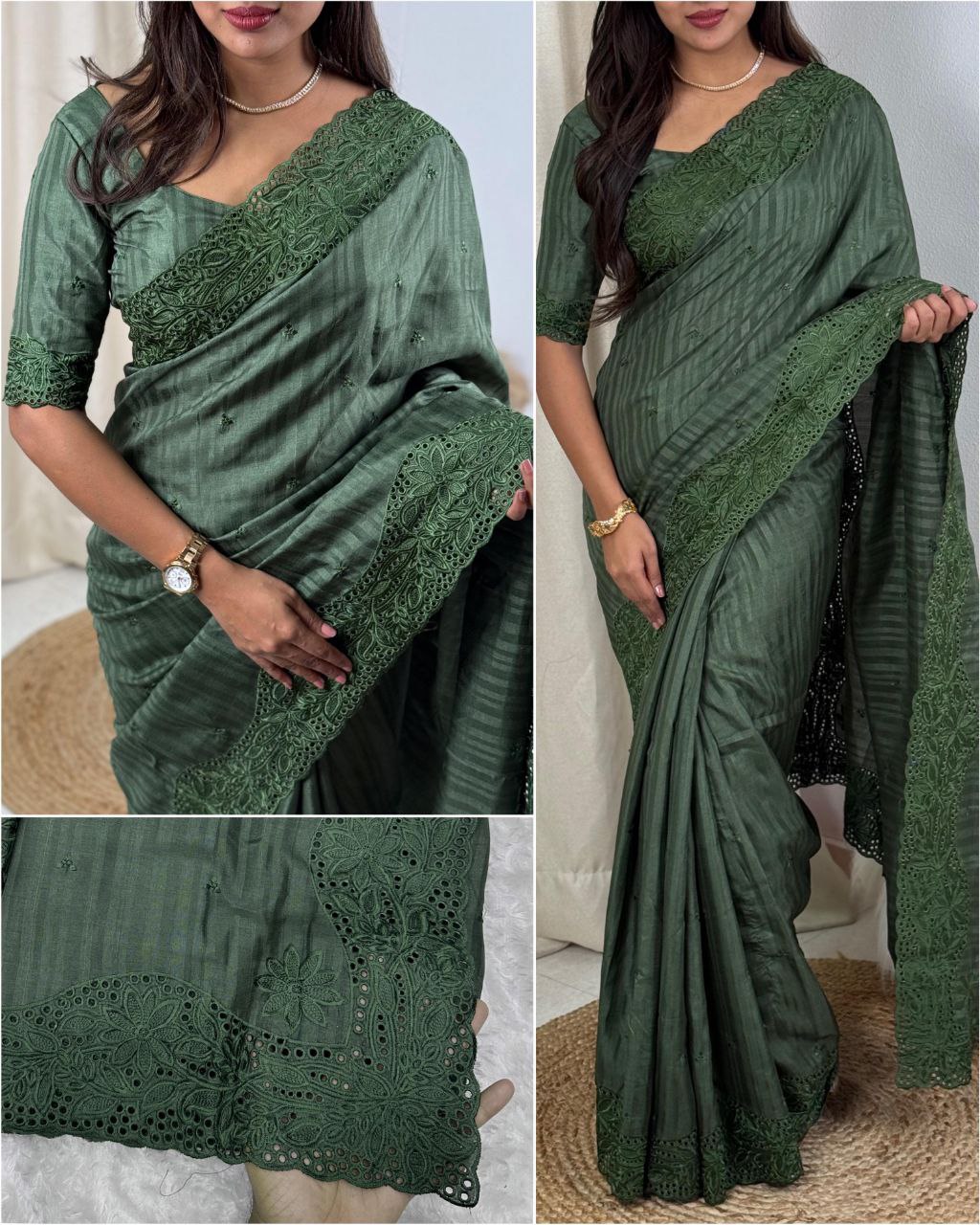 Visca Slub Silk Saree with Thread Embroidery & Cut Work – Elegant Ethnic Wear for Weddings & Festivals