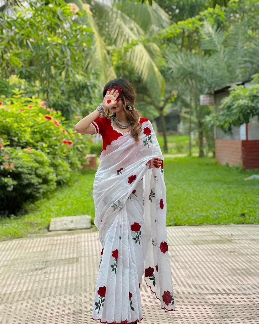 Pure Soft Chanderi Cotton Saree with Red Rose Thread Work & Cutwork | Fully Stitched Blouse