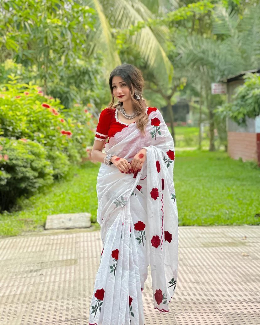 Pure Soft Chanderi Cotton Saree with Red Rose Thread Work & Cutwork | Fully Stitched Blouse