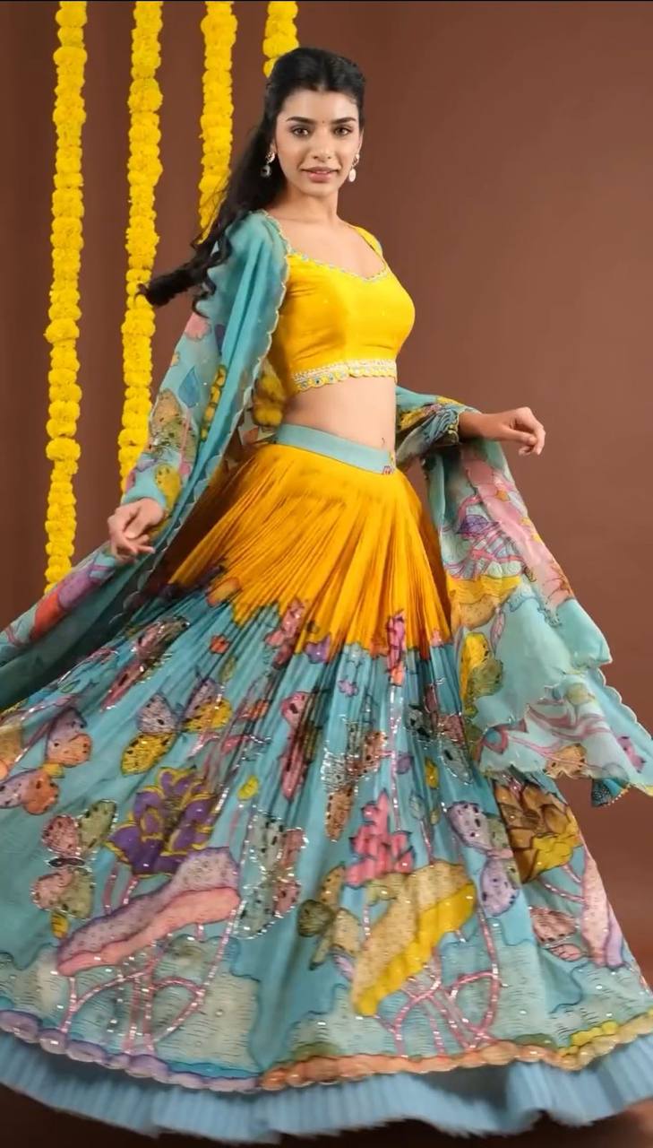 Elegant  Sequence Embroidery Kalamkari Print Lehenga Choli Set